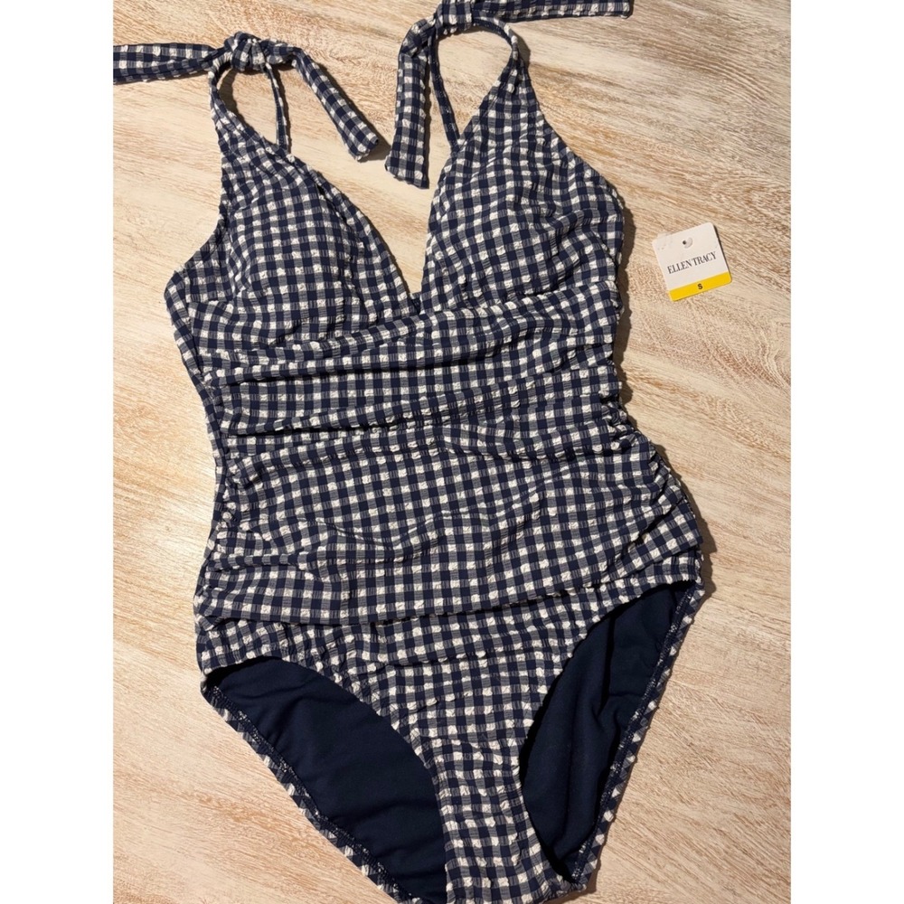 NWT Size Small Ellen Tracy One Piece Swimsuit Navy Gingham Ruched Halter